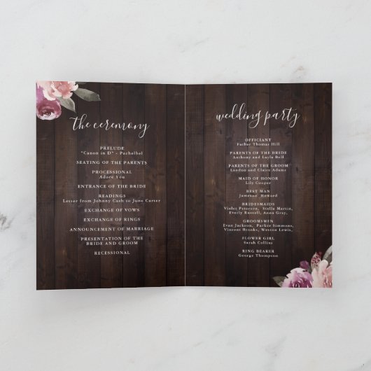 Mauve paars & mulberry florale bruiloft programma (Binnen)