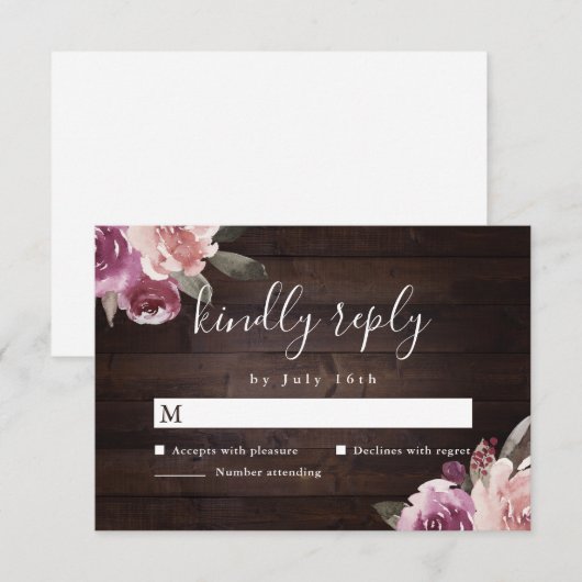 Mauve paars & mulberry florale bruiloft RSVP kaartje (Voorkant / Achterkant)
