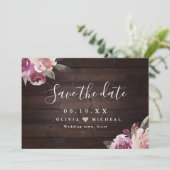 Mauve paars & mulberry florale bruiloft save the date (Staand voorkant)