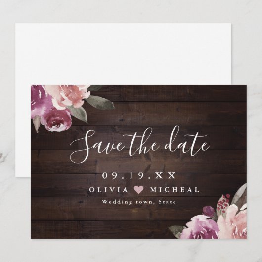 Mauve paars & mulberry florale bruiloft save the date (Voorkant / Achterkant)