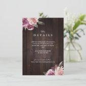 Mauve paarse bloemrijke rustieke houten trouwdetai informatiekaartje (Staand voorkant)