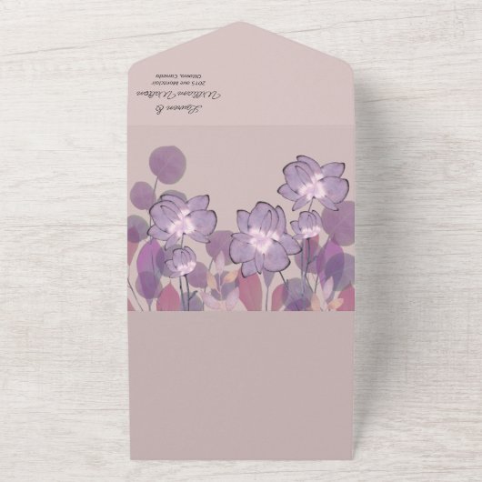 Mauve paarse blush floral all in one uitnodiging (Buitenkant)