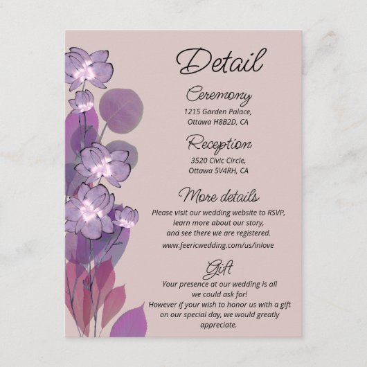 Mauve paarse blush floral bruiloft details informatiekaartje (Voorkant)