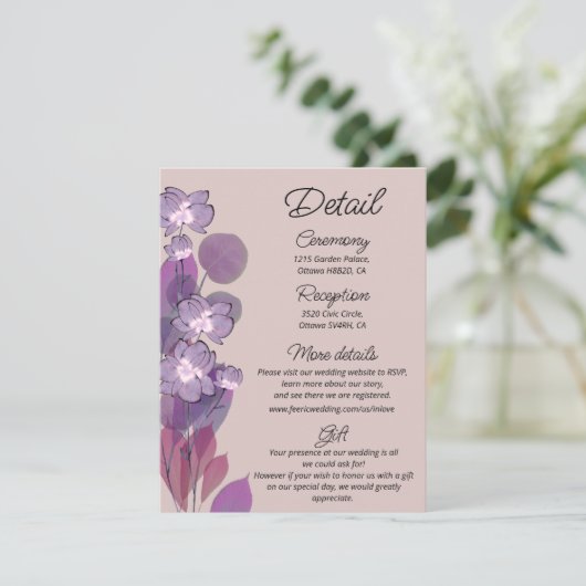Mauve paarse blush floral bruiloft details informatiekaartje (Staand voorkant)