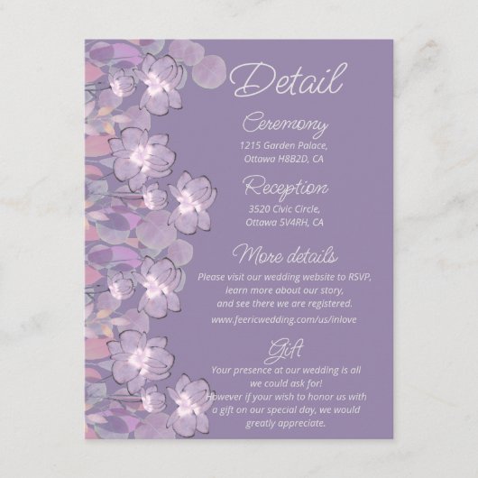 Mauve paarse blush floral bruiloft details informatiekaartje (Voorkant)
