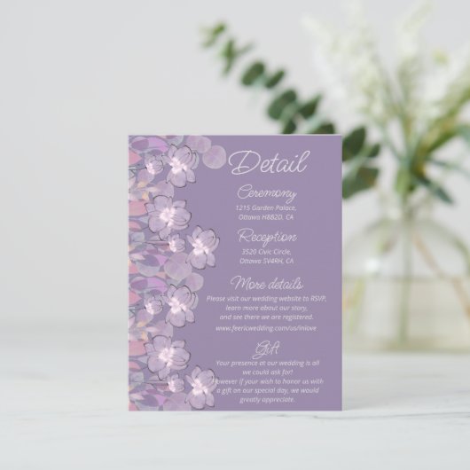 Mauve paarse blush floral bruiloft details informatiekaartje (Staand voorkant)