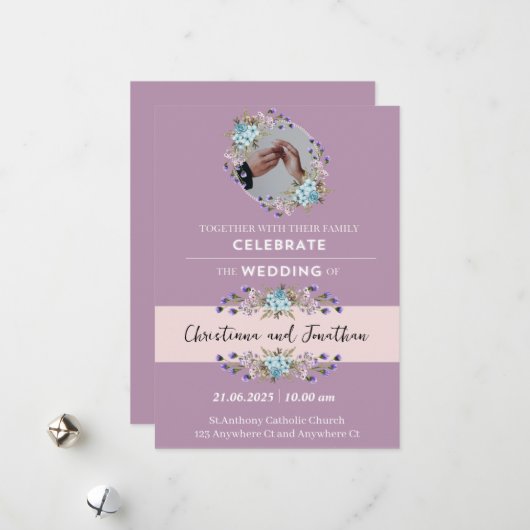 Mauve Paarse bruiloft uitnodiging (Voorkant / Achterkant in situ)