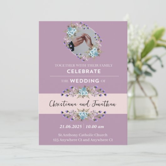 Mauve Paarse bruiloft uitnodiging (Staand voorkant)