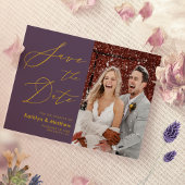 Mauve Paarse Elegant Gold Script Modern Weddenscha Save The Date
