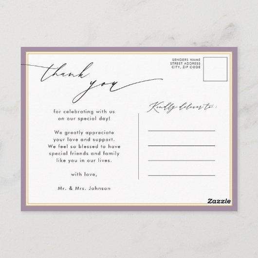 Mauve Paarse Elegant Script Chic Wedding Dank u Briefkaart (Achterkant)
