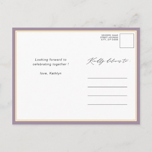 Mauve Paarse Elegant Script Moderne Vrijgezellenfe Uitnodiging Briefkaart (Achterkant)