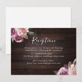 Mauve paarse floral rustic wood bruiloft receptie informatiekaartje