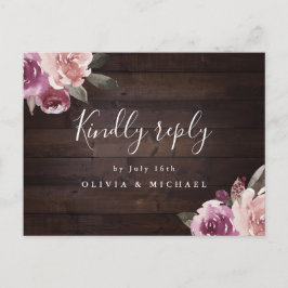 Mauve paarse floral rustic wood bruiloft rsvp uitnodiging briefkaart