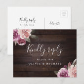 Mauve paarse floral rustic wood bruiloft rsvp uitnodiging briefkaart (Voorkant / Achterkant)