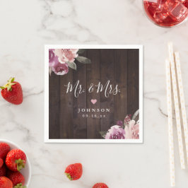 Mauve paarse floral rustic wood Mr & Mrs bruiloft Servet