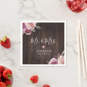 Mauve paarse floral rustic wood Mr & Mrs bruiloft Servet