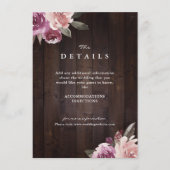 Mauve paarse floral rustic wood trouwdetails informatiekaartje (Voorkant)