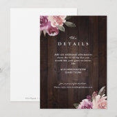 Mauve paarse floral rustic wood trouwdetails informatiekaartje (Voorkant / Achterkant)