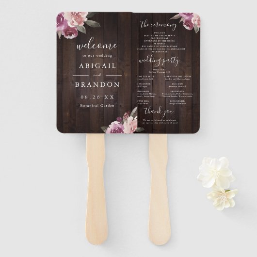 Mauve paarse floral rustige wood trouwprogramma handwaaier (Voorkant en achterkant)