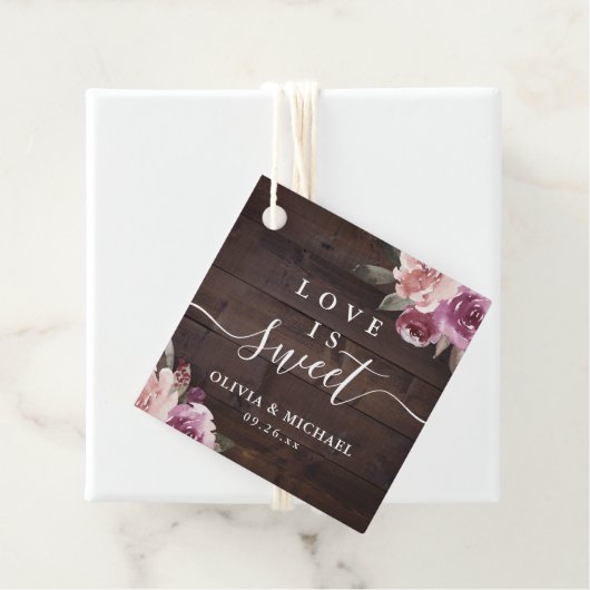 Mauve paarse floral rustiwood liefde is zoet bedankjes labels (In situ)