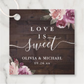 Mauve paarse floral rustiwood liefde is zoet bedankjes labels (Voorkant)