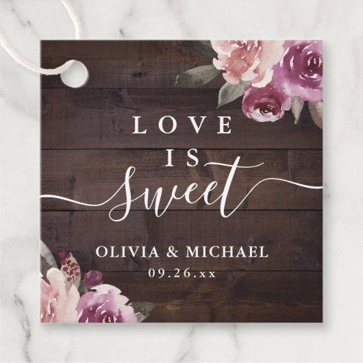 Mauve paarse floral rustiwood liefde is zoet bedankjes labels (Voorkant)