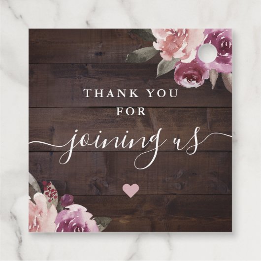 Mauve paarse floral rustiwood met een liefdesbruil bedankjes labels (Achterkant)