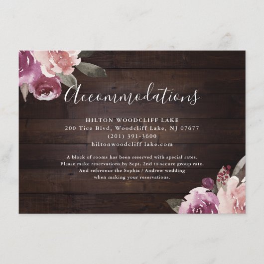 Mauve paarse floro rustic wood accommodatie informatiekaartje (Voorkant)