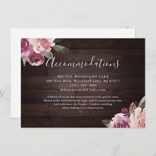 Mauve paarse floro rustic wood accommodatie informatiekaartje (Voorkant / Achterkant)