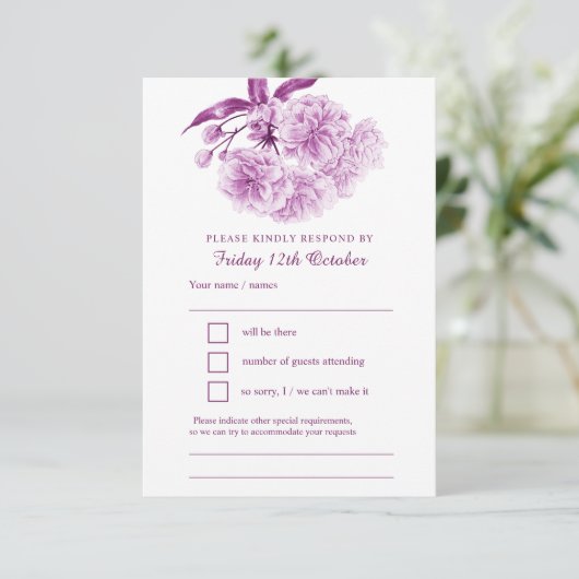 Mauve paarse lente bloemenhuwelijk waterverf RSVP (Staand voorkant)