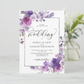 Mauve Paarse Lila Floral Silver FoilFrame Wedding Kaart (Staand voorkant)