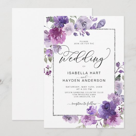 Mauve Paarse Lila Floral Silver FoilFrame Wedding Kaart (Voorkant / Achterkant)