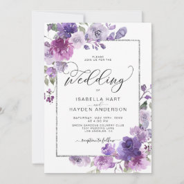 Mauve Paarse Lila Floral Silver FoilFrame Wedding Kaart