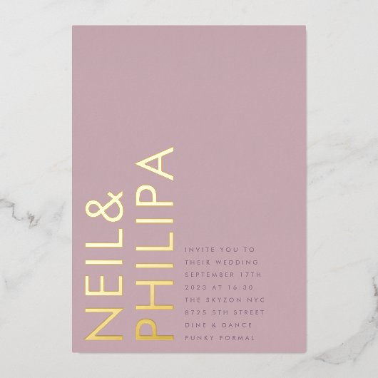 Mauve Paarse Lila Moderne NAMES Eenvoudige bruilof Folie Uitnodiging (Voorkant)