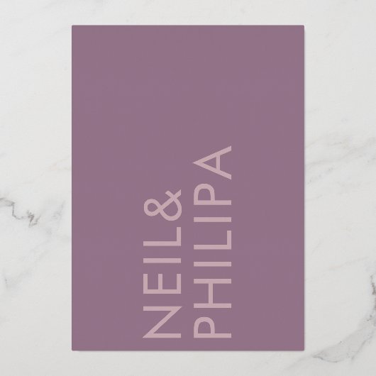Mauve Paarse Lila Moderne NAMES Eenvoudige bruilof Folie Uitnodiging (Achterkant)