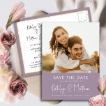 Mauve Paarse moderne fotobruiloft bespaart datum Aankondigingskaart<br><div class="desc">Mauve Paarse Fun Script Modern Photo Minimalist Wedding Save the Date Announcement Briefkaart. Laat je familie, vrienden en collega's weten dat je een datum hebt vastgesteld voor je trouwfeest met deze elegante, stijlvolle en moderne bruiloft, behalve de datum van uitnodiging. Alle teksten zijn vooraf geregeld zodat u zich gemakkelijk en...</div>