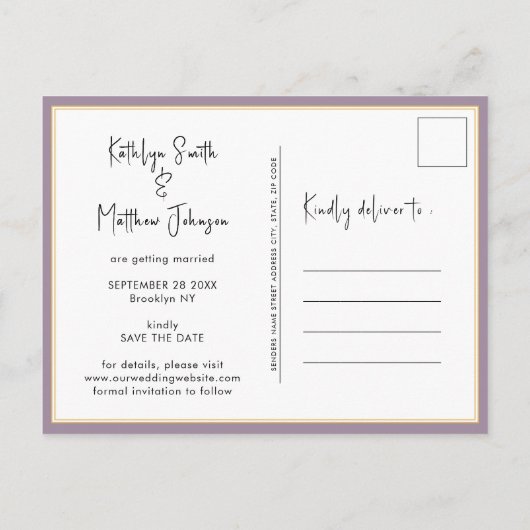 Mauve Paarse moderne fotobruiloft bespaart datum Aankondigingskaart (Achterkant)