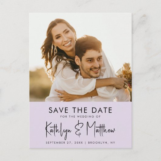 Mauve Paarse moderne fotobruiloft bespaart datum Aankondigingskaart (Voorkant)