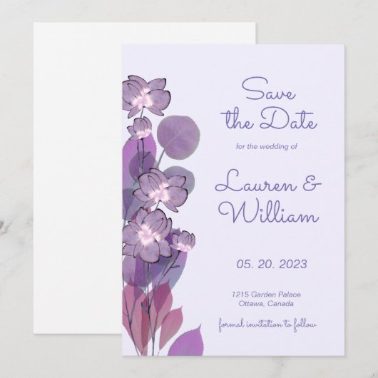 Mauve paarse periwinkle floral save the date (Voorkant / Achterkant)