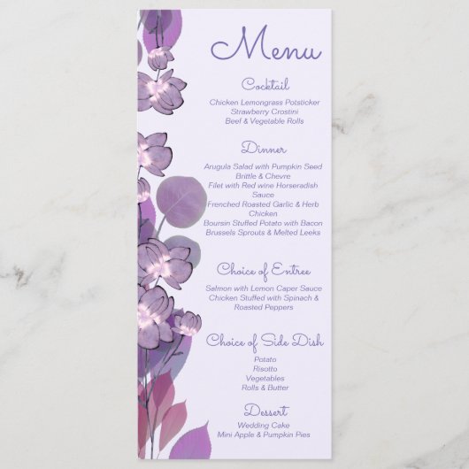Mauve paarse periwinkle floral Wedding Menu (Voorkant)