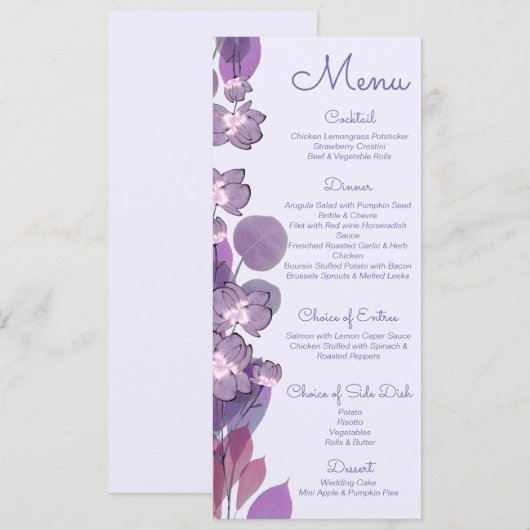 Mauve paarse periwinkle floral Wedding Menu (Voorkant / Achterkant)