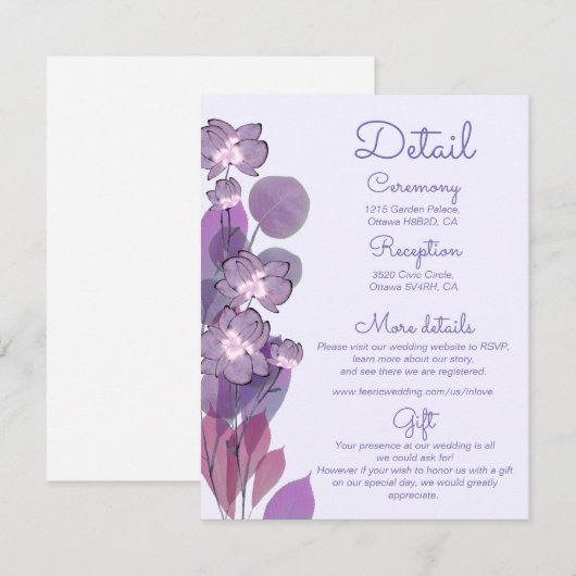 Mauve paarse periwinkle florale trouwgegevens informatiekaartje (Voorkant / Achterkant)