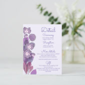 Mauve paarse periwinkle florale trouwgegevens informatiekaartje (Staand voorkant)