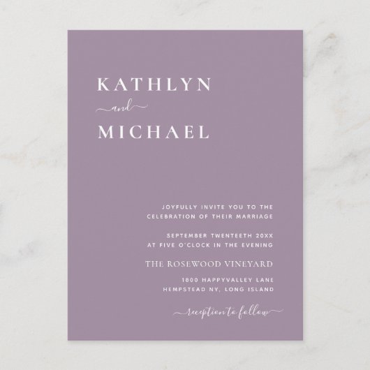 Mauve Paarse QR-code in één modern huwelijk Uitnodiging Briefkaart (Voorkant)