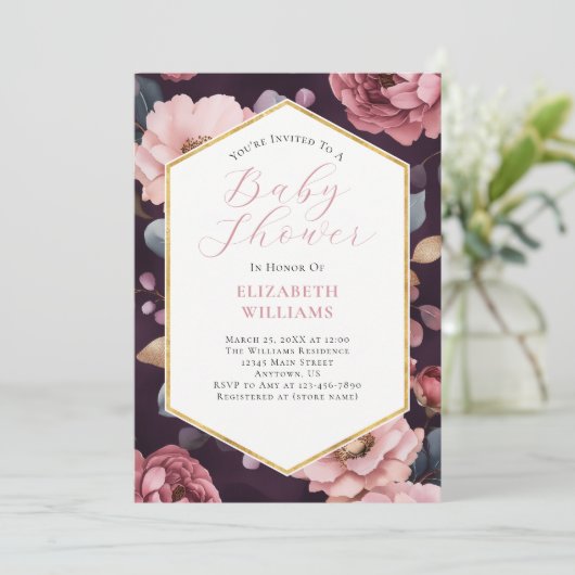 Mauve Paarse Roze Gouden Pioenen Baby shower Kaart (Staand voorkant)