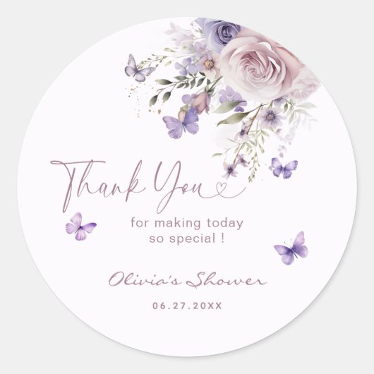 Mauve Paarse vlinder Baby shower dank u Ronde Sticker (Voorkant)