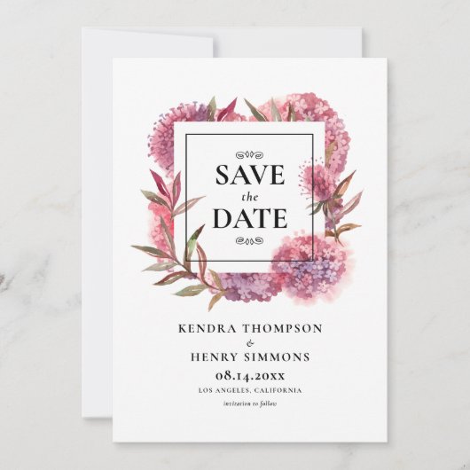 Mauve Paarse Waterverf Hydrangeas Floral Lijst Save The Date (Voorkant)