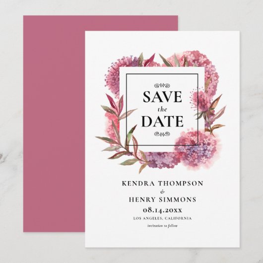 Mauve Paarse Waterverf Hydrangeas Floral Lijst Save The Date (Voorkant / Achterkant)