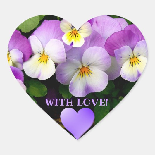 Mauve Pansies en hart met liefde Hart Sticker (Voorkant)