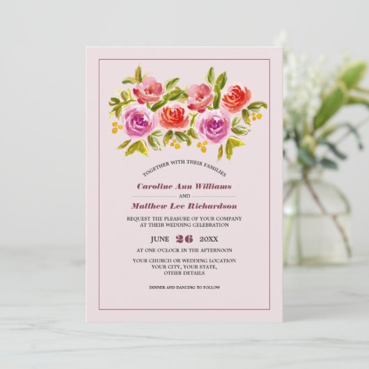 Mauve Peach Red Floral Waterverf Wedding Kaart (Staand voorkant)